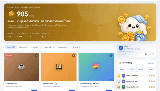 หน้าแลกรางวัล แสดงเหรียญสะสม คลังของรางวัล และกระดานจัดอันดับของบริษัท